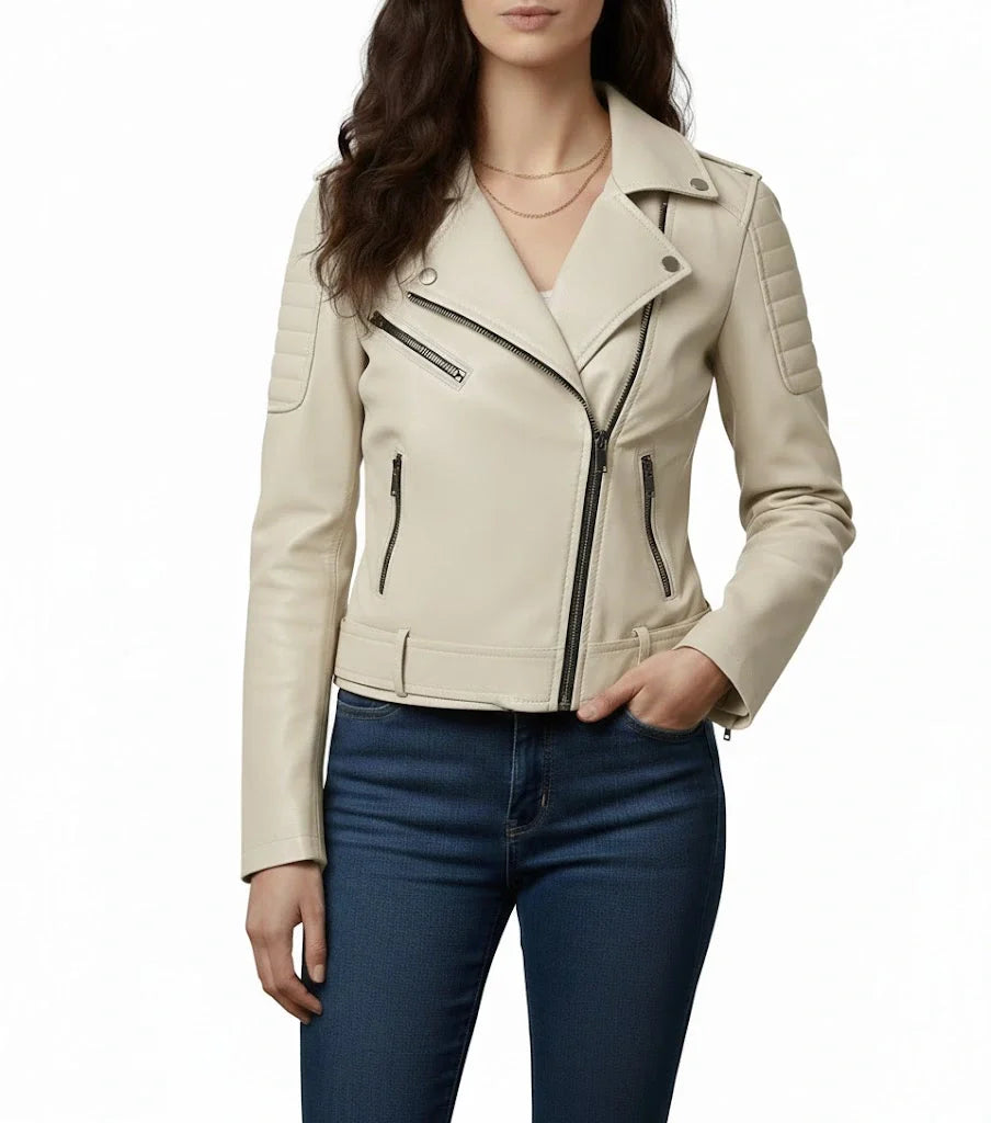 front view Women’s Premium Sheepskin Short Biker Jacket in Classic Beige by LeatherTex