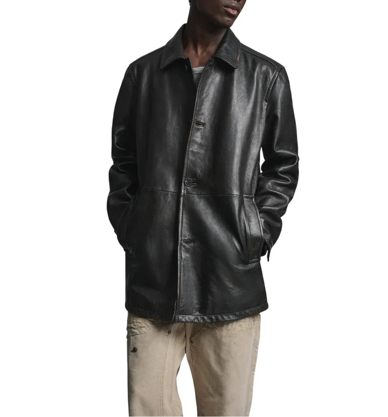 Men's Handcrafted Jet Black Cowhide Leather Long-Line Jacket with classic shirt collar, long-line silhouette, and premium genuine leather finish by LeatherTex.