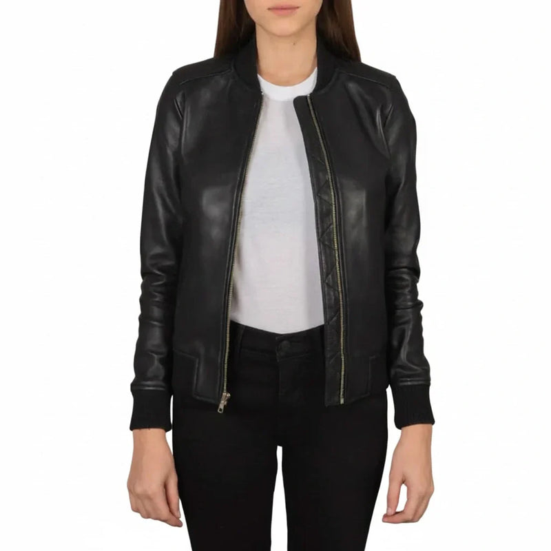 Women’s Premium Handcrafted Black Sheep Leather Bomber Jacket by LeatherTex – genuine leather jacket for women