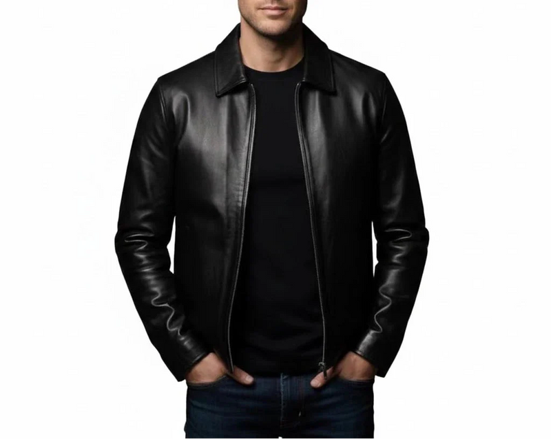 Front view of Men’s Classic Minimalist Black Leather Jacket – Genuine Sheepskin by LeatherTex
