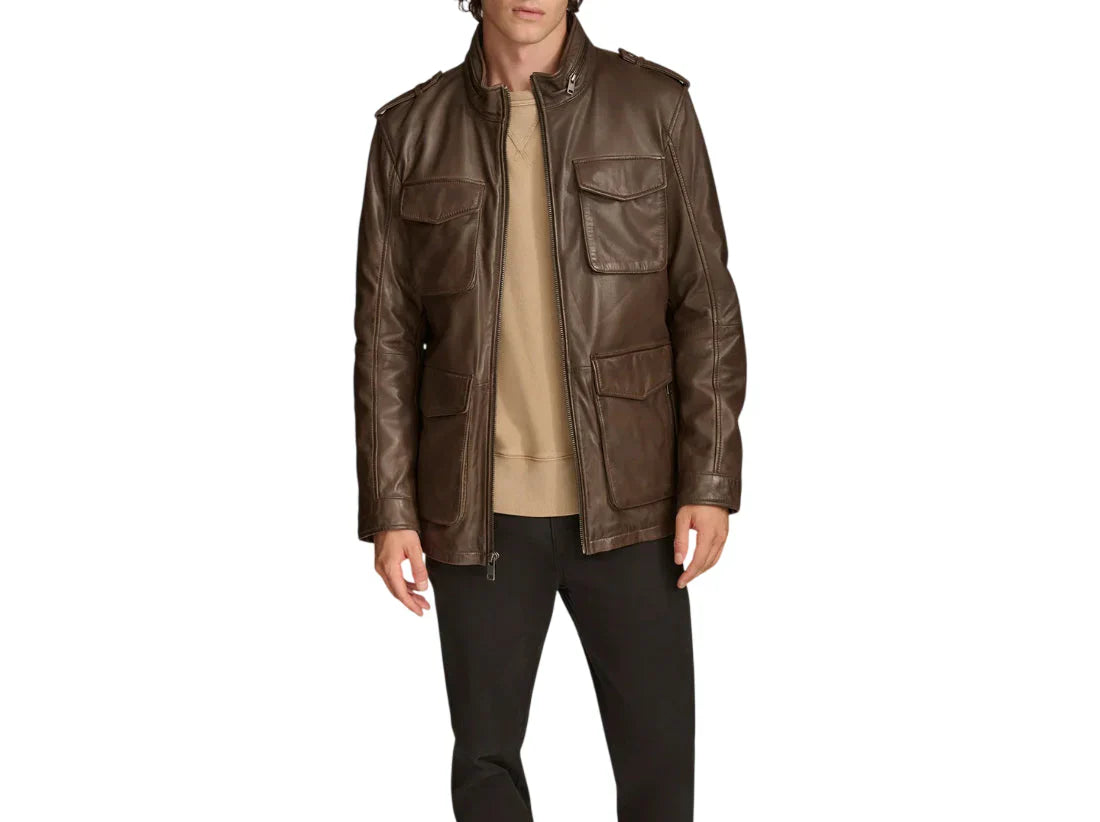 Men’s Premium Sheepskin Leather Four-Pocket Safari Field Jacket in genuine leather with classic field design and structured fit by LeatherTex.
