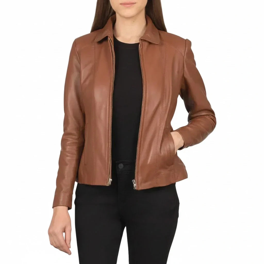 Women's Premium Handcrafted Tan Sheep Leather Classic Shirt-Collar Jacket by LeatherTex – genuine leather jacket for women