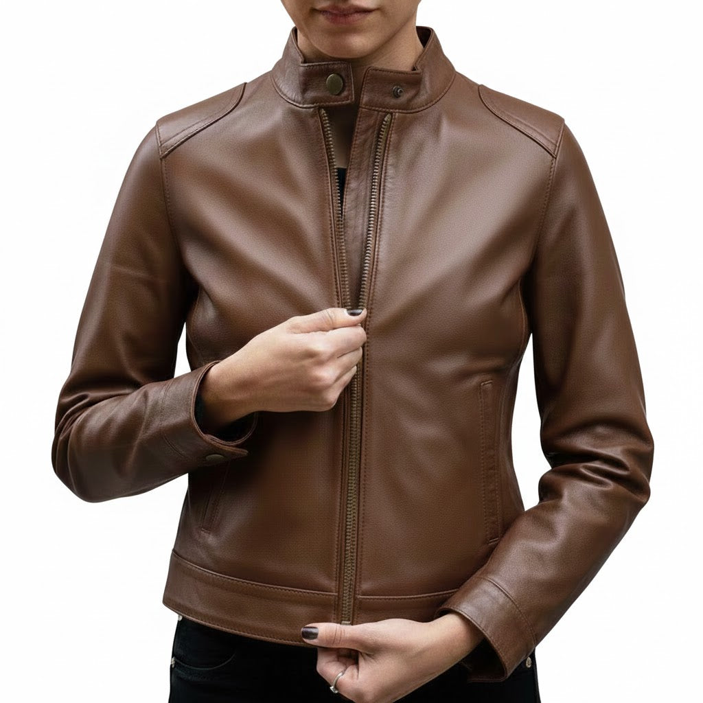 Front view of Women’s Premium Lambskin Leather Short Jacket – Classic Brown by LeatherTex