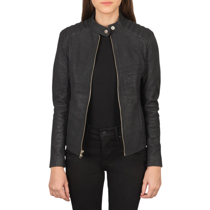 Front view of Premium Handcrafted Women's Semi-Matte Sheep Leather Cafe Racer Jacket by LeatherTex