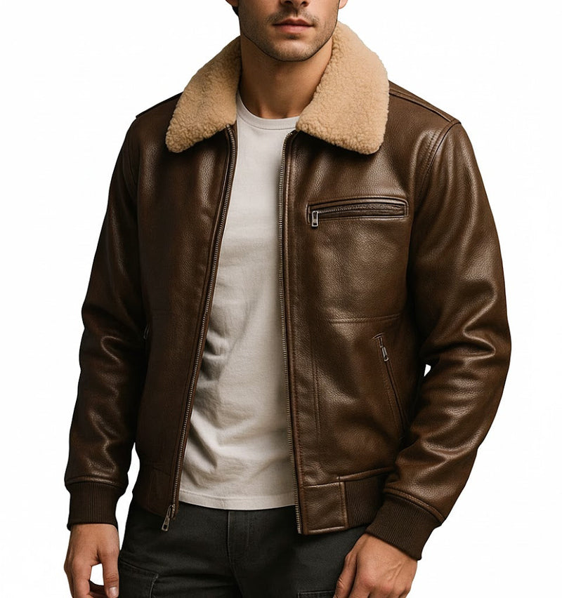 Men’s Premium Handcrafted Antique Brown Cowhide Aviator Jacket with detachable fur collar