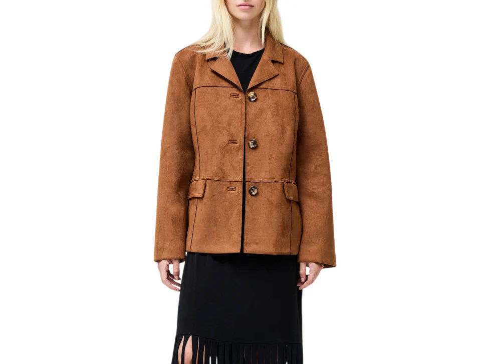 Front view of Women’s Premium Sheepskin Suede Three-Button Blazer Coat, genuine leather jacket by LeatherTex