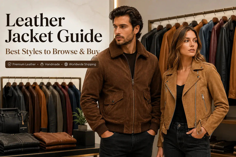 Luxury leather jacket guide featuring men's brown suede bomber jacket and women's tan biker jacket in a premium LeatherTexEU showroom with stylish leather jacket collection.