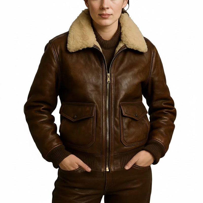 Front view of Women’s Premium Handcrafted Antique Brown Cowhide Aviator Jacket with Fur Collar by LeatherTex