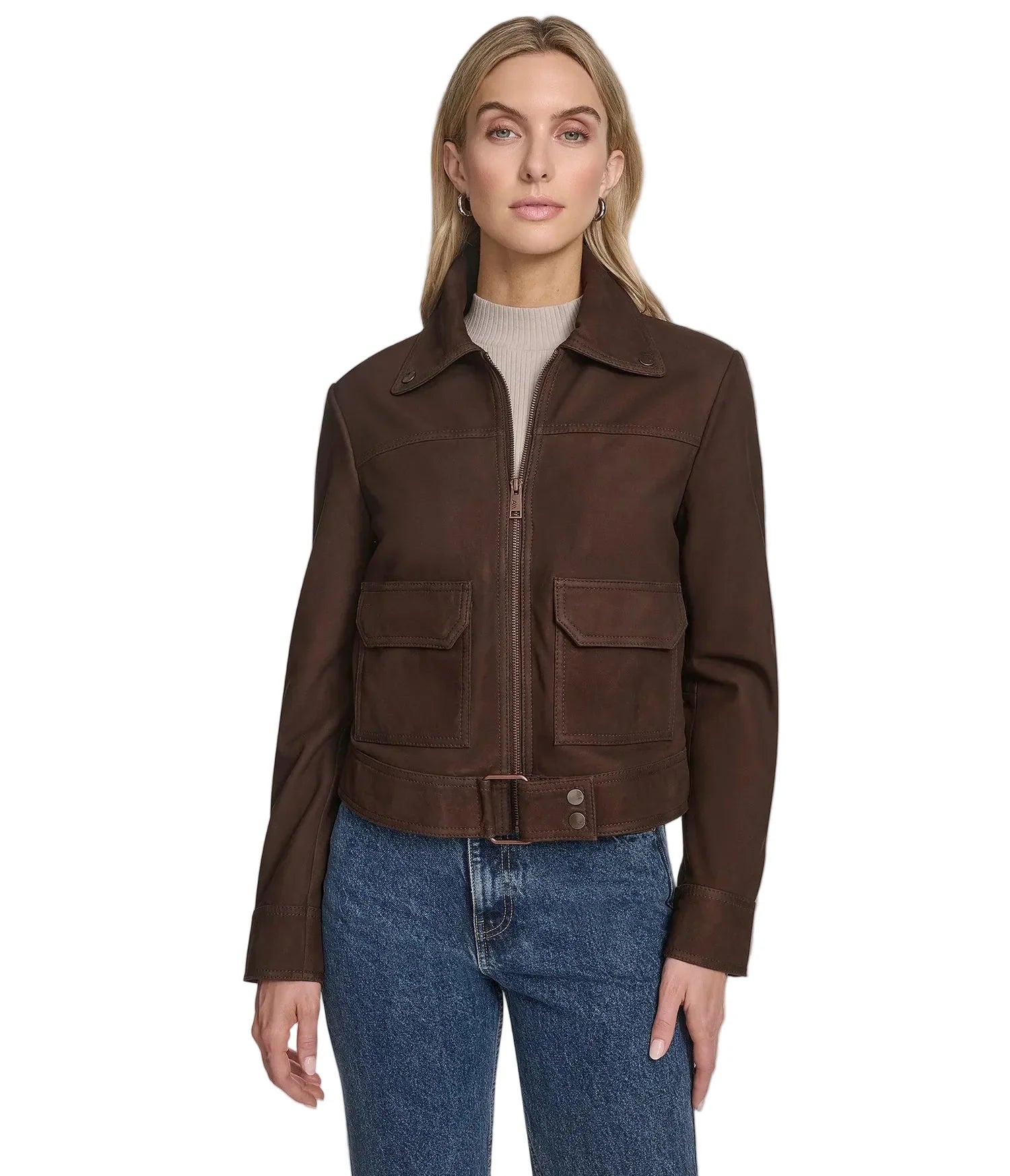 Women’s Luxury Sheepskin Suede Short Biker Jacket in brown with cropped fit, moto-inspired design, and premium soft suede by LeatherTex.