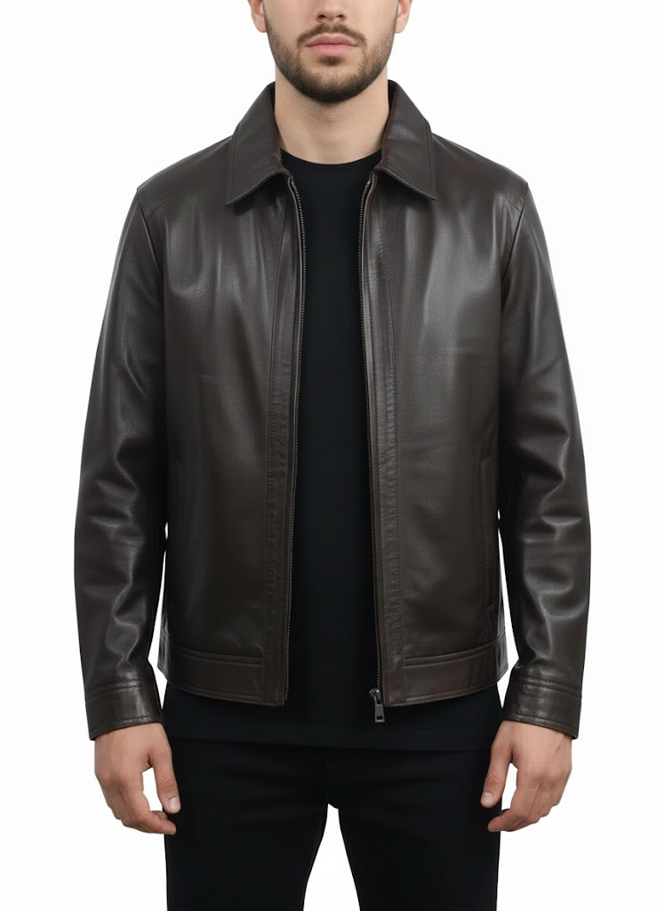 Men's custom fit dark brown sheepskin leather jacket with antique brass hardware, classic tailored design, front zipper closure, premium handcrafted finish by LeatherTex.