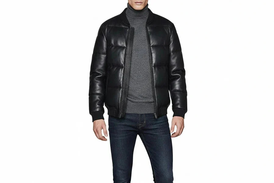 Man wearing premium handcrafted black sheepskin leather puffer jacket with antique brass YKK hardware by LeatherTex