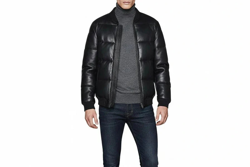 Man wearing premium handcrafted black sheepskin leather puffer jacket with antique brass YKK hardware by LeatherTex