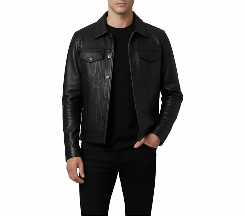 Men’s luxury handcrafted black sheepskin leather trucker jacket with classic button-down style by LeatherTex