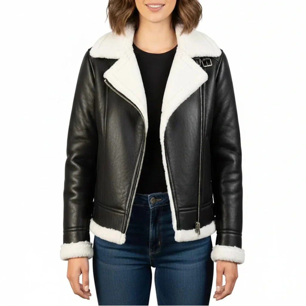 Front view of Women’s Premium Sheepskin Biker Jacket with Artificial Fur & Antique Brass by LeatherTex