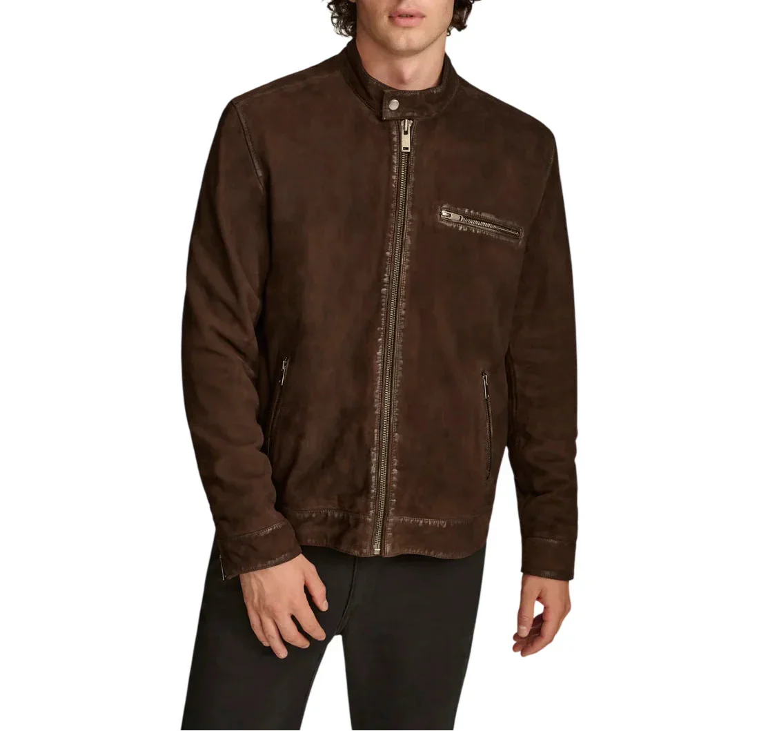 Front view of chocolate brown suede cafe racer leather jacket for men, premium leather jacket by LeatherTex