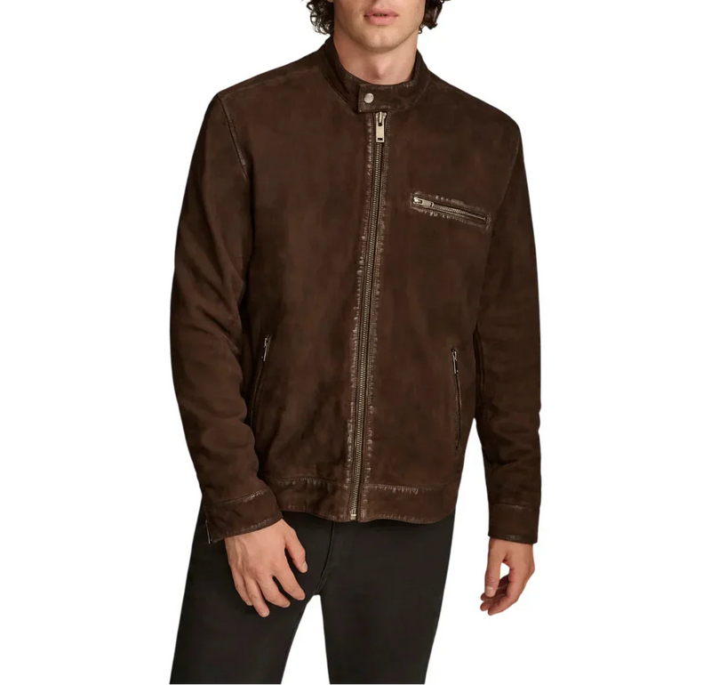 Front view of chocolate brown suede cafe racer leather jacket for men, premium leather jacket by LeatherTex
