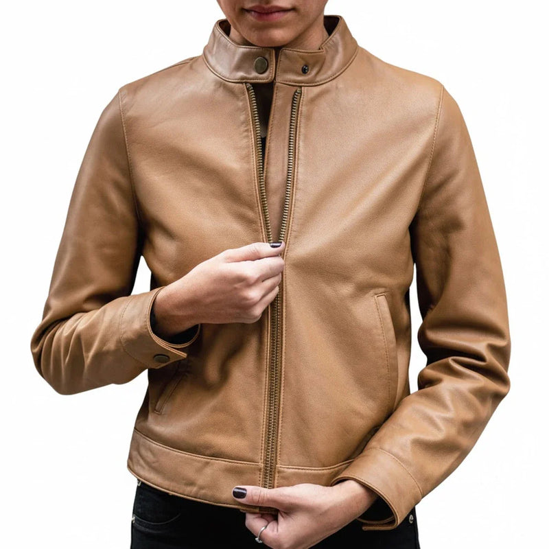 Front view of Women’s Premium Lambskin Leather Short Jacket Dark Beige by LeatherTex