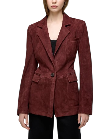 Front view of a women's burgundy suede blazer with flap pockets and a single button closure.