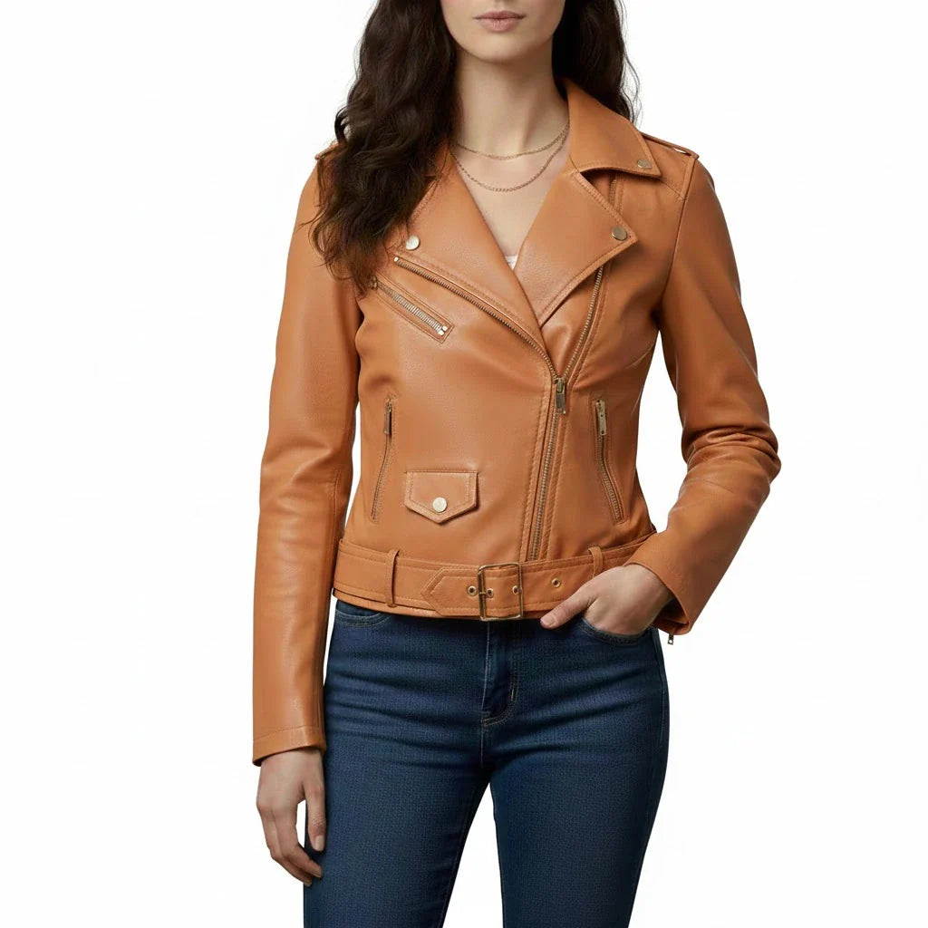 Front view of Women’s Luxury Sheepskin Biker Jacket – Light Brown Tan with Gold Hardware by LeatherTex