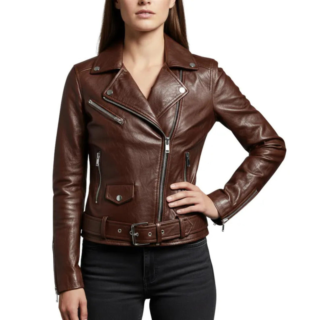 Front view of Women’s Premium Handcrafted Brown Sheep Leather Biker Jacket with Waist Belt by LeatherTex
