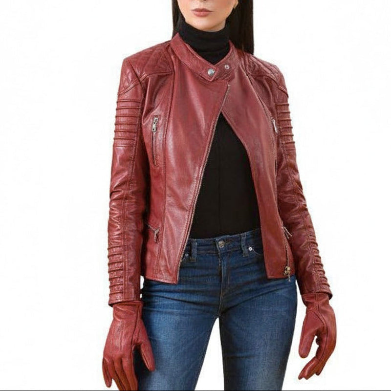 Women's Maroon Red Sheepskin Leather Biker Jacket – Custom Fit with Cross-Zip & Quilted Shoulders by LeatherTex