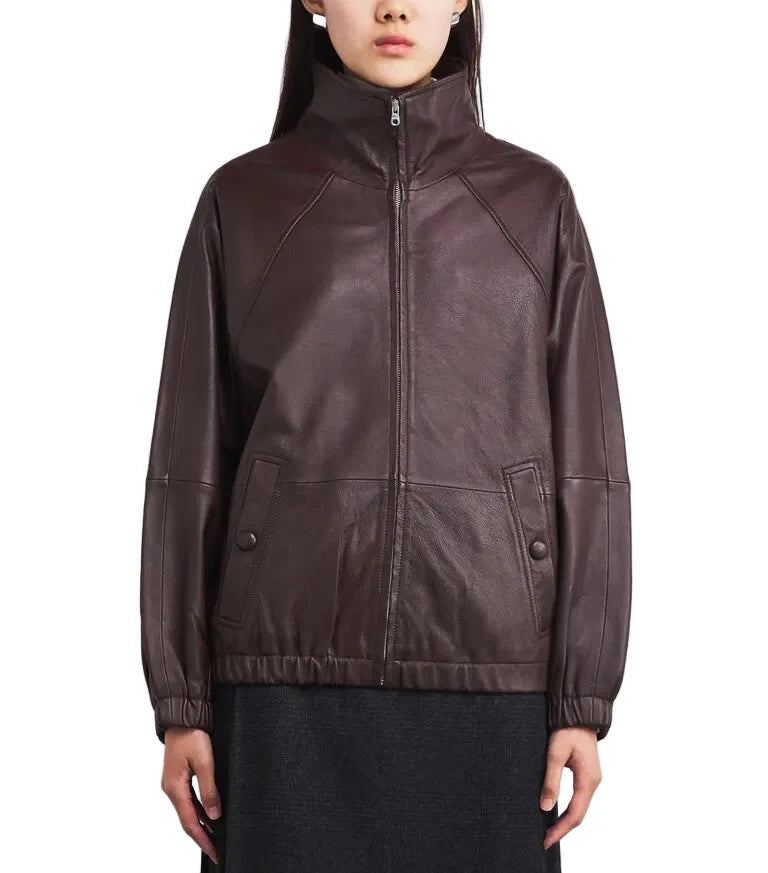 Women’s Oversized Dark Brown Leather Bomber Jacket with High Neck – A Perfect Blend of Comfort and Style