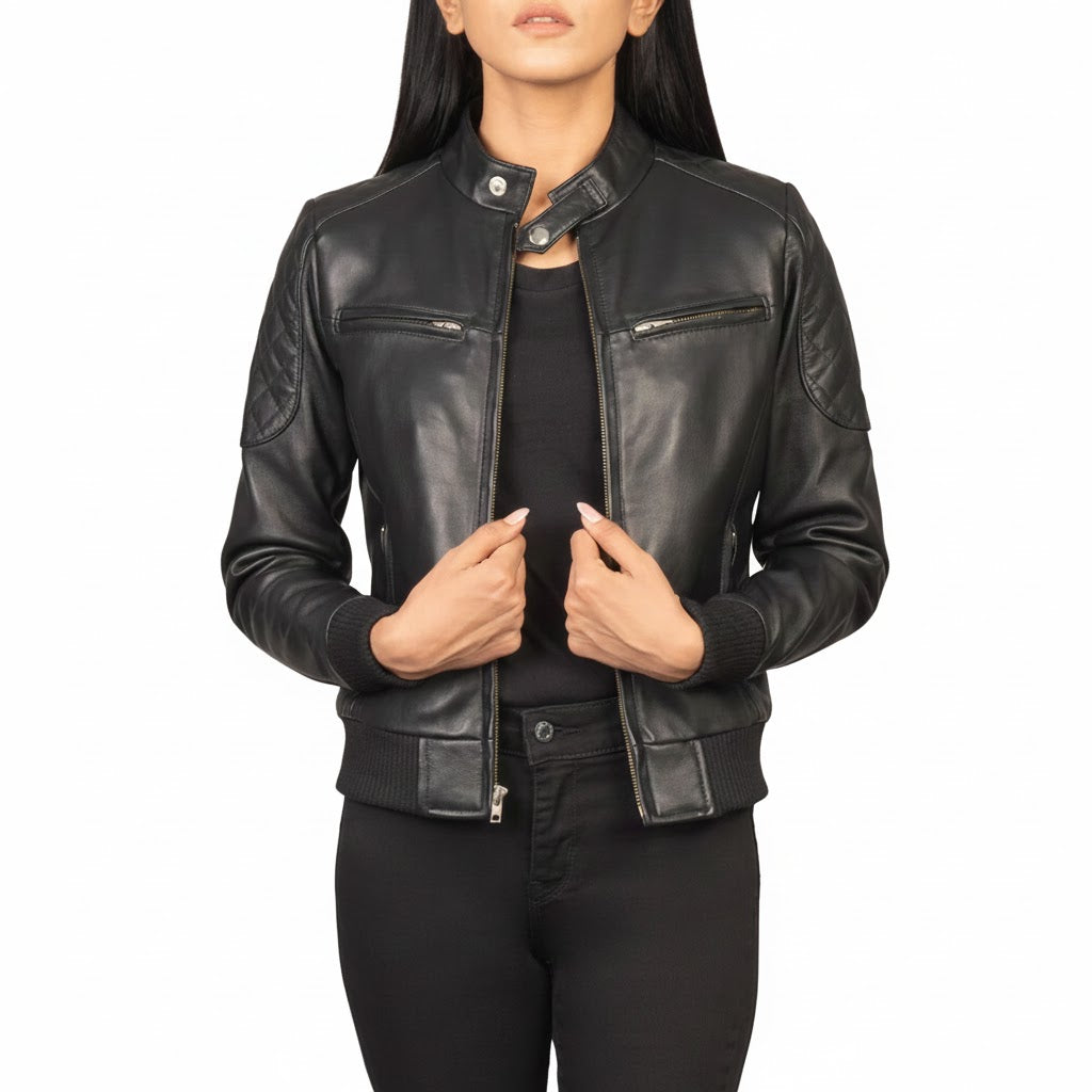 Woman wearing luxury handcrafted black sheepskin leather bomber jacket with satin lining and YKK zippers by LeatherTex