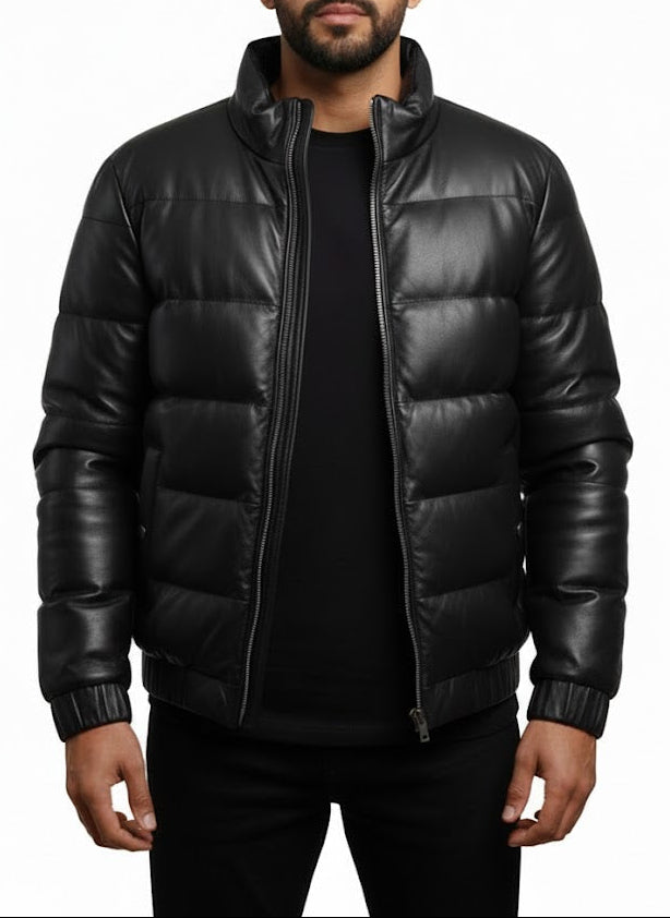 Men's Custom Fit Handcrafted Tan Brown Sheepskin Leather Puffer Jacket - Insulated Winter Edition