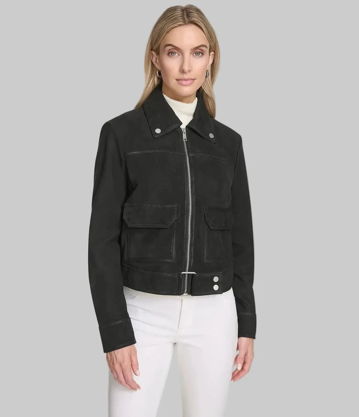 Women's Midnight Suede Jacket in black premium suede featuring a tailored fit, minimalist design, zip-cuff details, and elegant modern styling