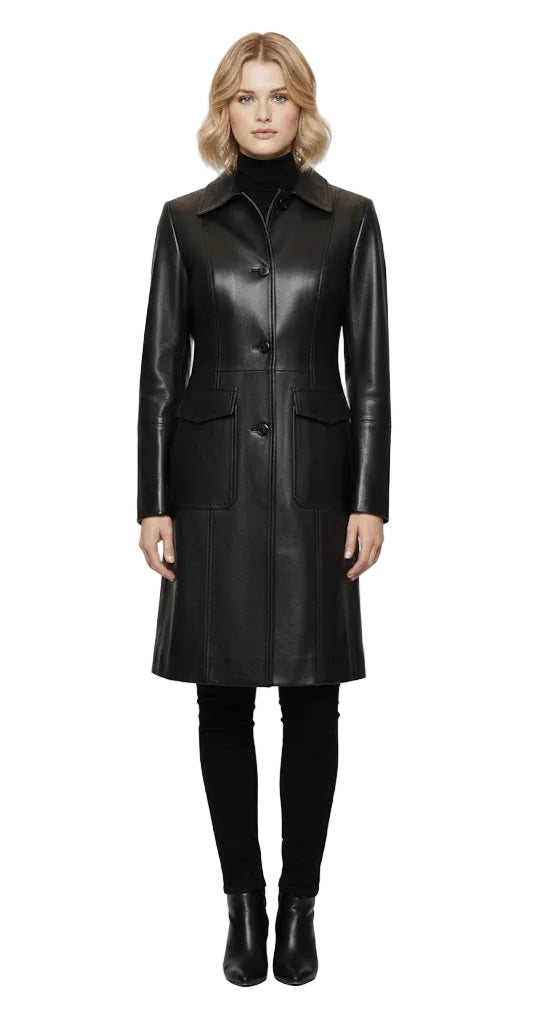 Women wearing luxury handcrafted black sheepskin leather coat with leather-covered buttons by LeatherTex