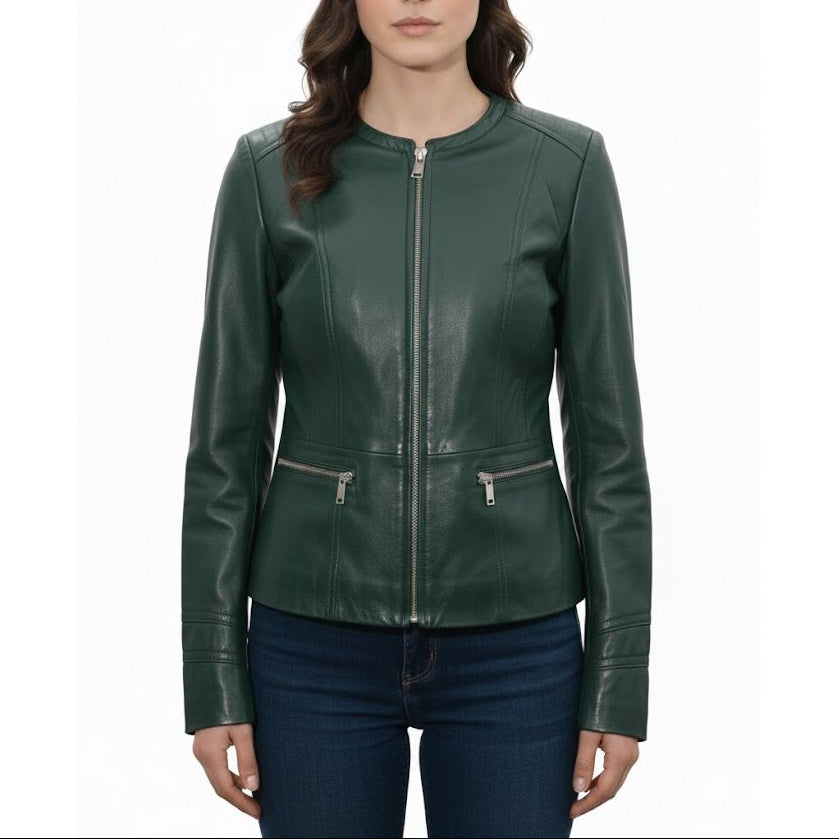 Women's Elegant Green Sheepskin Leather Collarless Jacket – Custom Fit Minimalist Leather Jacket by LeatherTex