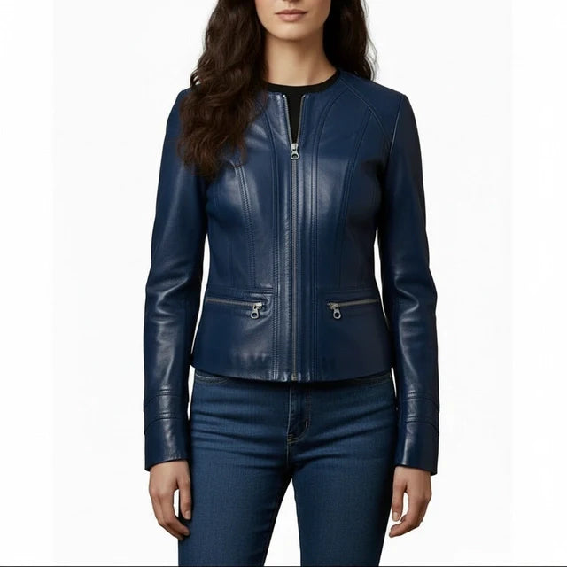 Women's Elegant Blue Sheepskin Leather Collarless Jacket – Custom Fit Minimalist Leather Jacket by LeatherTex
