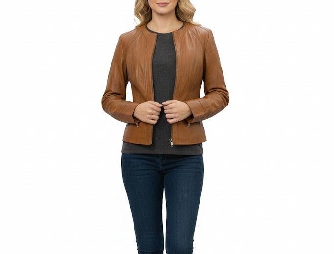 Front view of Premium Women's Tan Leather Short Jacket – Round Neck Minimalist Style by LeatherTex
