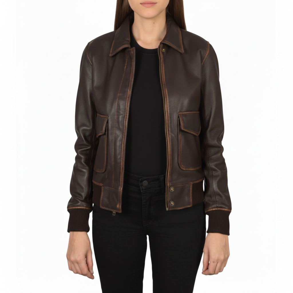 Women’s vintage brown cowhide leather bomber jacket – custom fit handcrafted classic style