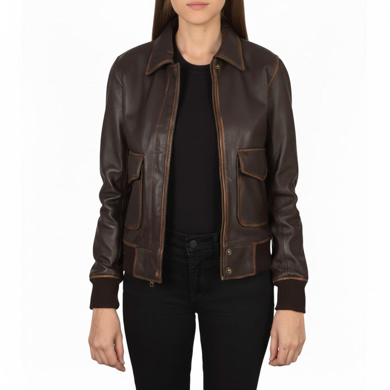 Women’s vintage brown cowhide leather bomber jacket – custom fit handcrafted classic style