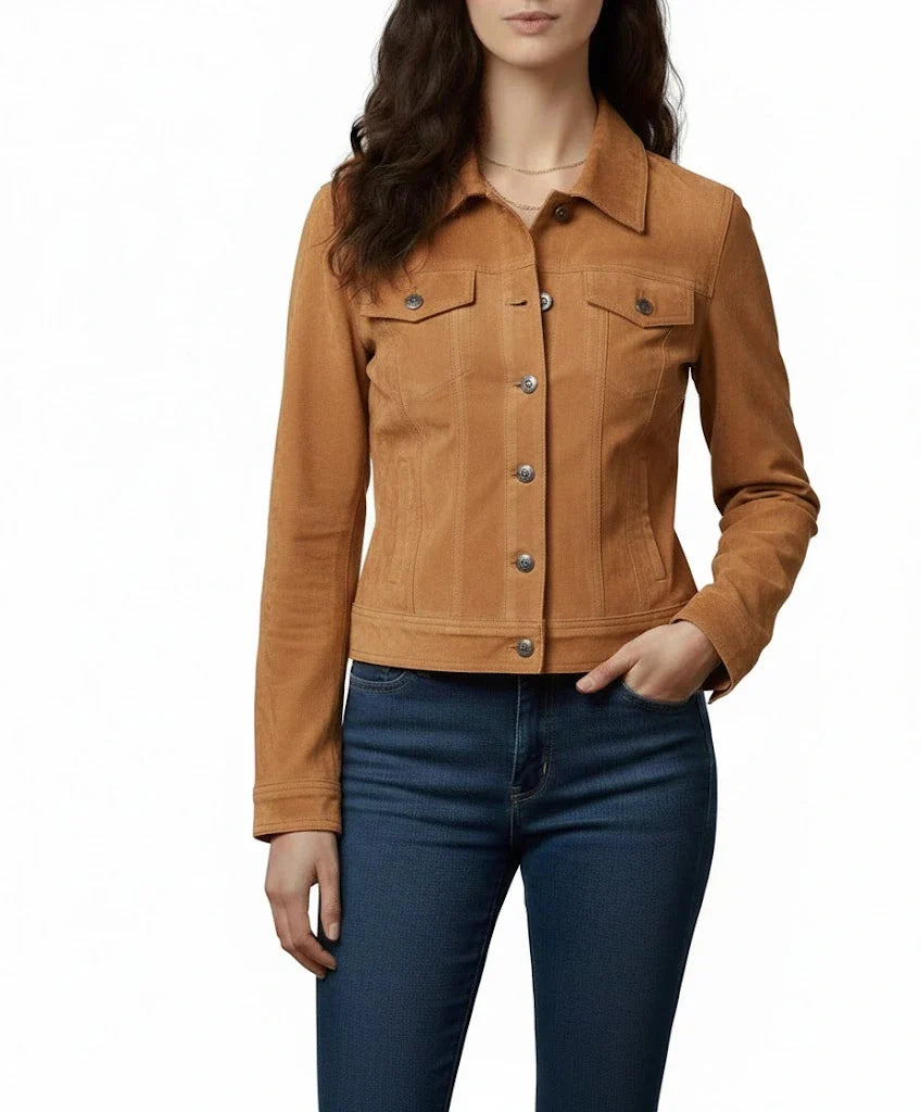 Women’s Light Tan Suede Trucker Jacket by LeatherTex in premium suede finish for modern women outfits