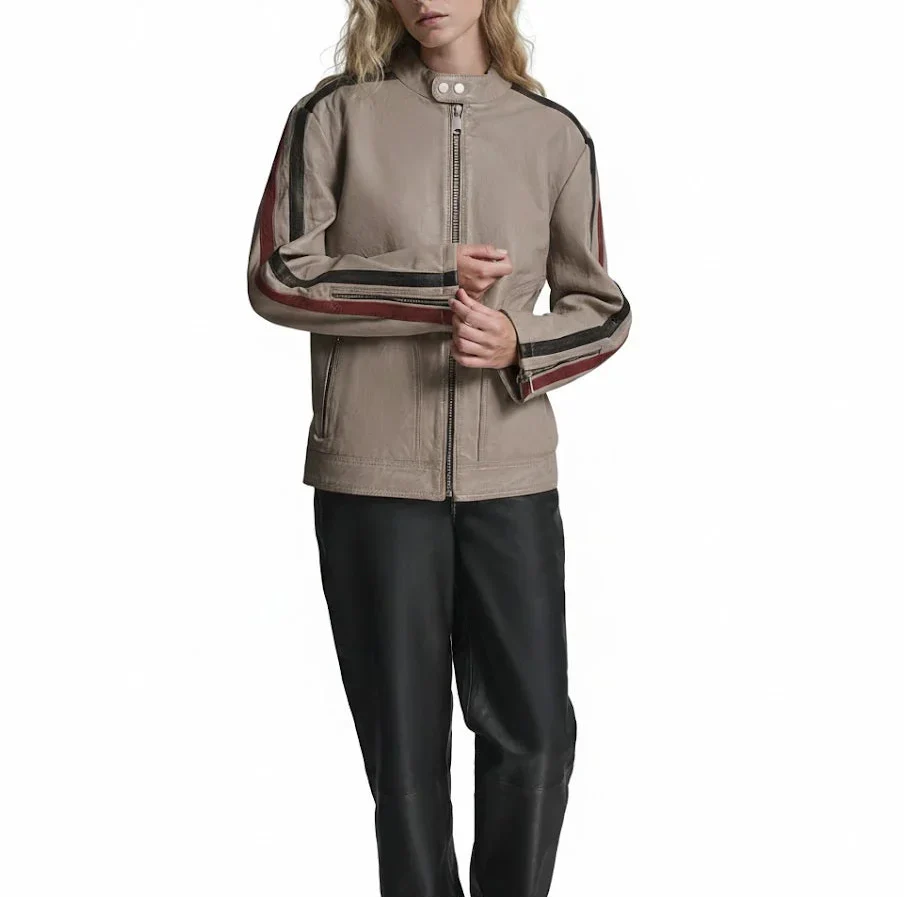 Women’s Premium Sheepskin Racing Jacket in beige with maroon and black racing stripes, tailored fit, and moto-inspired design by LeatherTex.