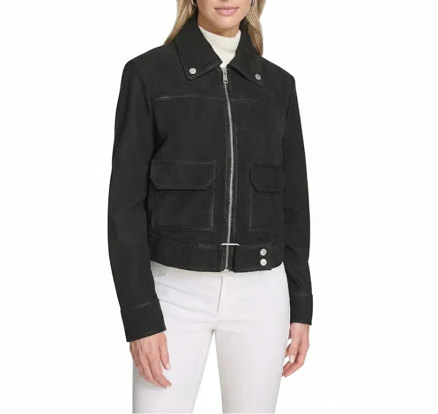 Women’s Luxury Sheepskin Suede Short Biker Jacket in jet black with cropped fit, premium suede, and moto-inspired design by LeatherTex.