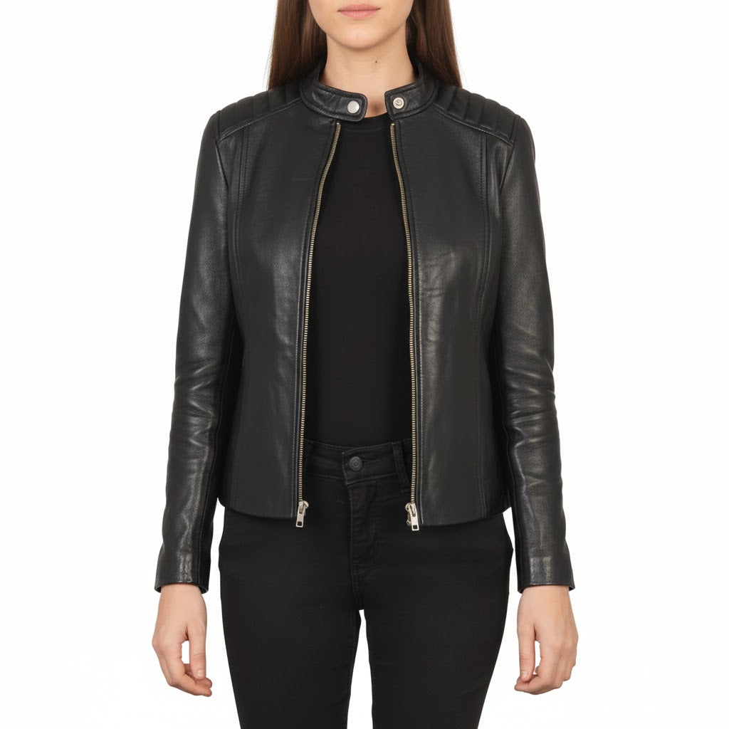 Women's Black Sheepskin Leather Biker Jacket – Custom Fit with Quilted Shoulders & Zippered Cuffs by LeatherTex
