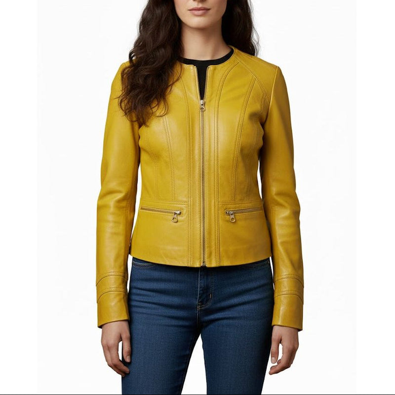 Women's Mustard Yellow Sheepskin Leather Collarless Jacket – Custom Fit Minimalist Leather Jacket by LeatherTex