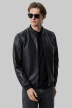 Buckled Collar Leather Bomber