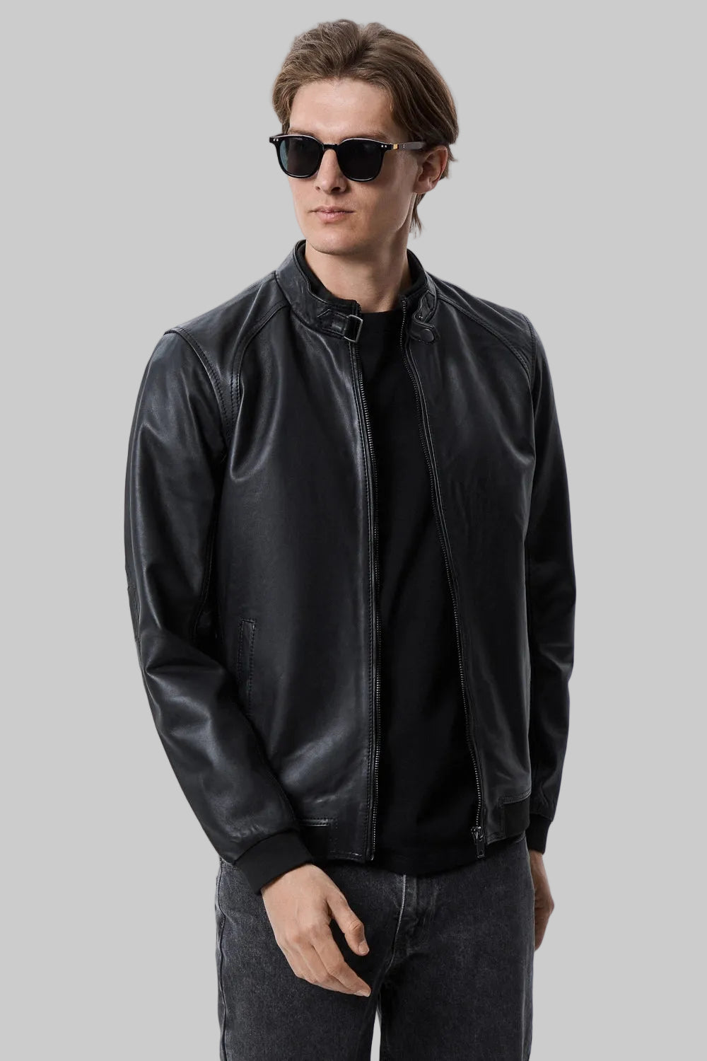 Buckled Collar Leather Bomber