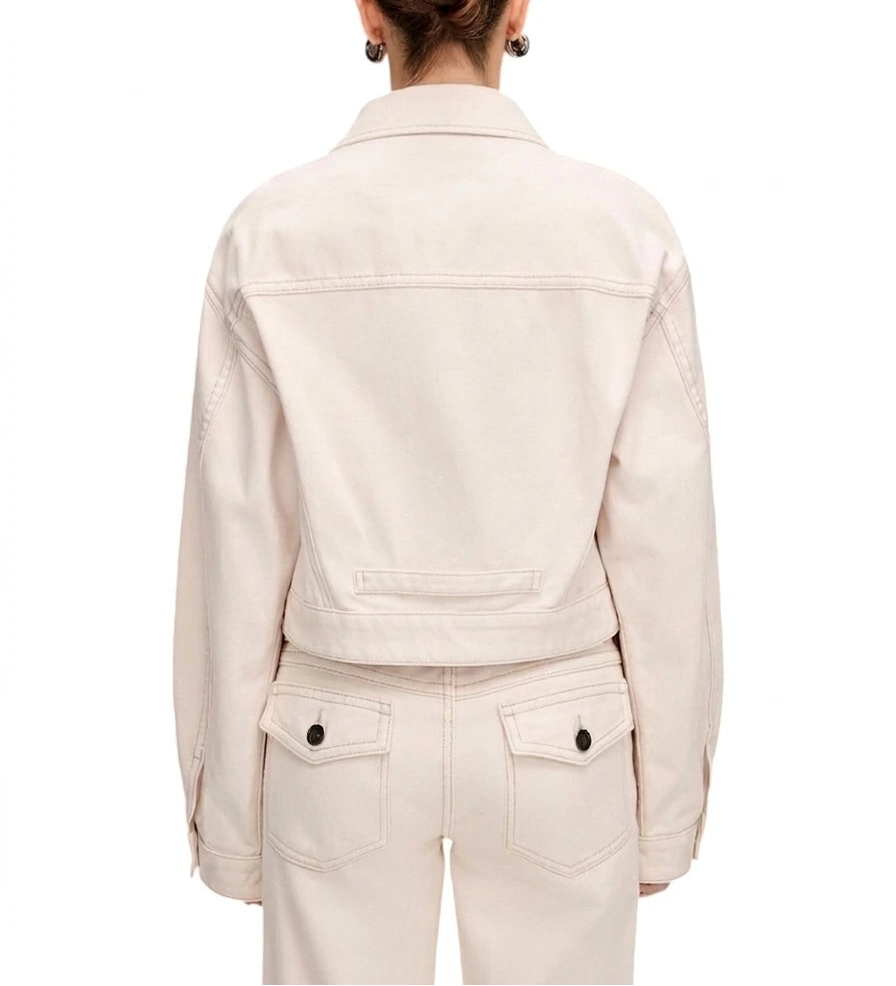Women’s Cropped White Denim Jacket – Classic Button-Up Casual Style
