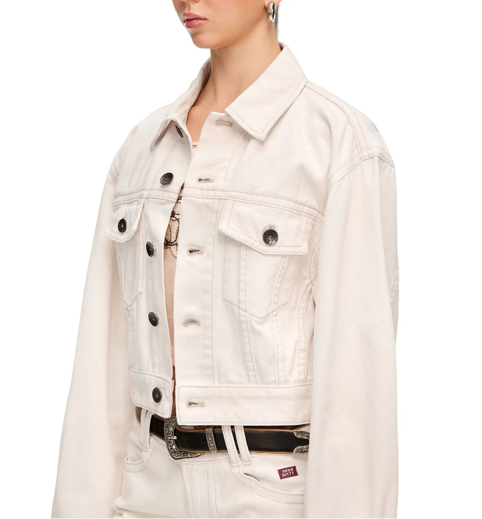 Women’s Cropped White Denim Jacket – Classic Button-Up Casual Style