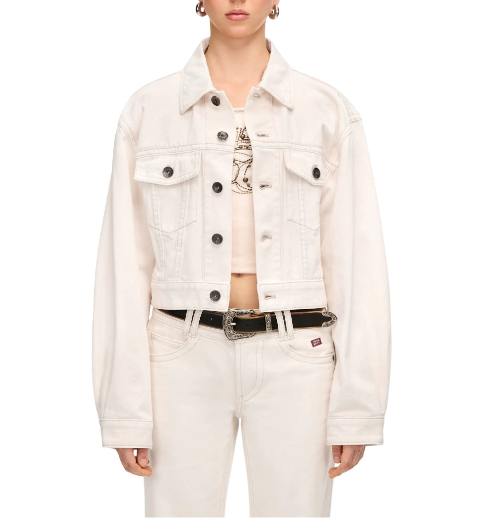 Women’s Cropped White Denim Jacket – Classic Button-Up Casual Style