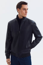 Classic Mock Neck Black Leather Jacket