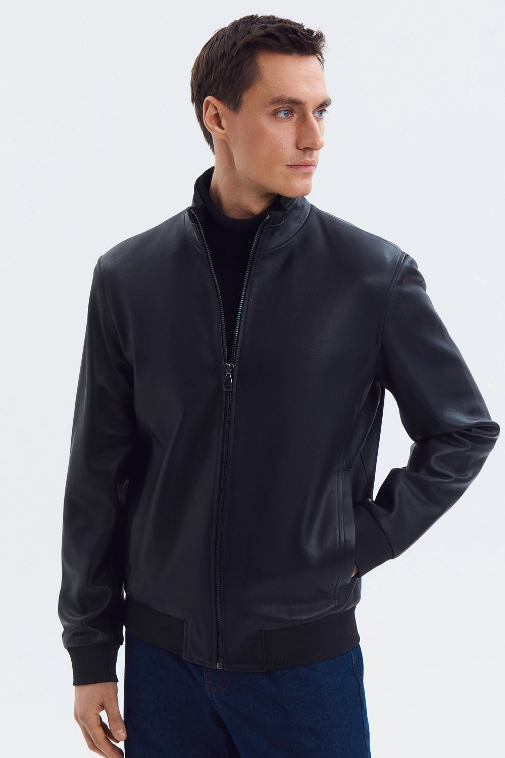 Classic Mock Neck Black Leather Jacket
