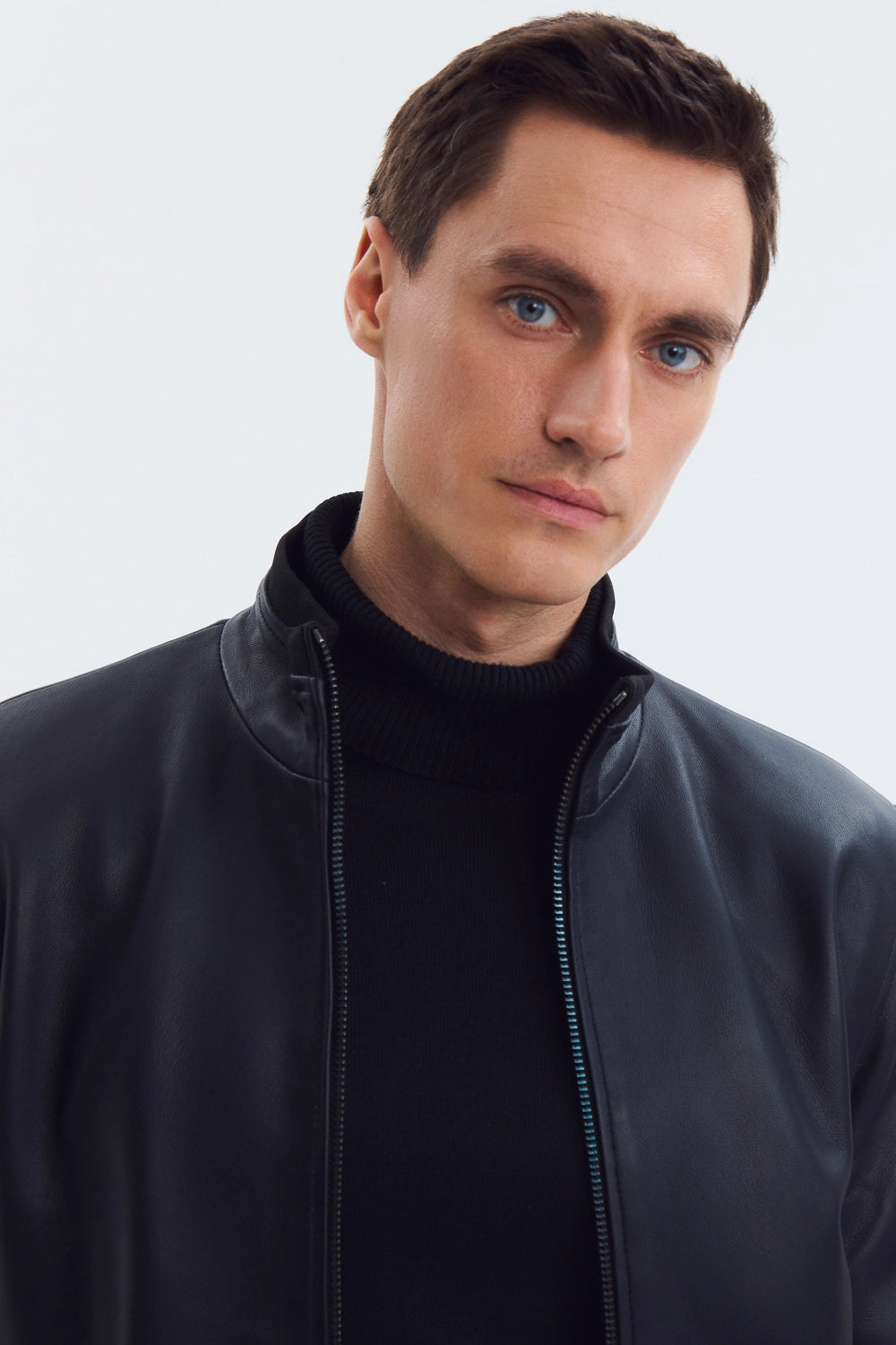 Classic Mock Neck Black Leather Jacket
