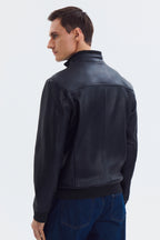 Classic Mock Neck Black Leather Jacket