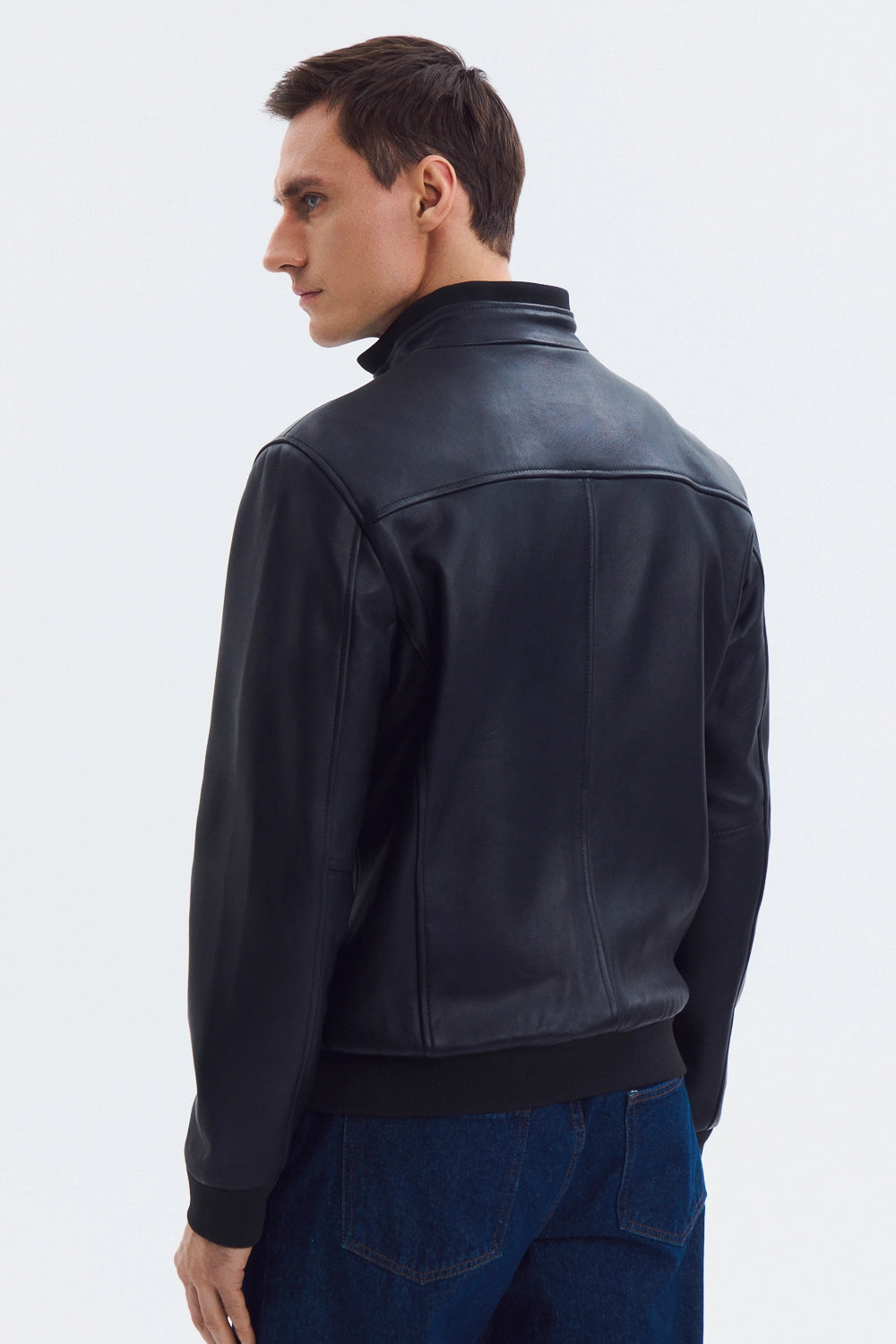 Classic Mock Neck Black Leather Jacket